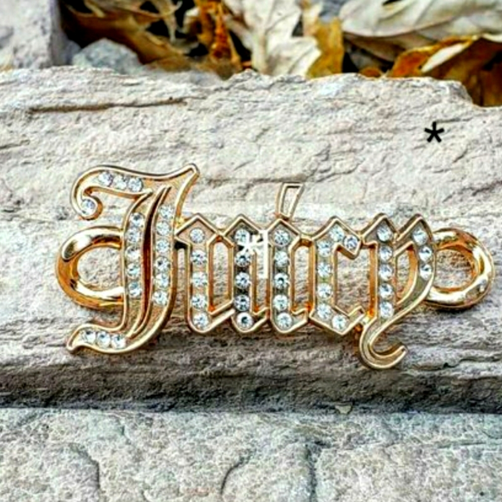 Juicy Couture Gold Plated Rhinestone Script Logo Pendant/Charm Approx. 2" x 1"